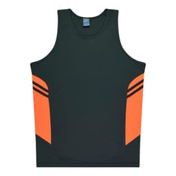 A dark green singlet with orange accents and black stripes. It features a logo on the label.