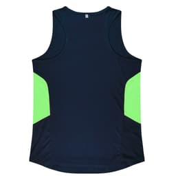 A navy singlet with bright green side panels and a logo on the back. Suitable for active wear.