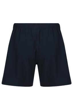 Men's sports shorts in navy blue with an elastic waistband and a logo on the side.