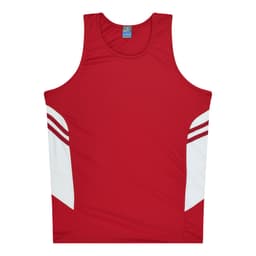 A red singlet with white detailing on the sides and a logo on the neckline.