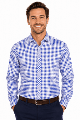 A long sleeve button-up shirt in blue and white gingham pattern, featuring a branded logo.