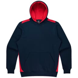 A navy hoodie with red accents and a front pocket, featuring a hood and branding.