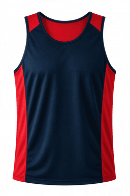 A navy blue and red singlet featuring a logo, designed for men's active wear.