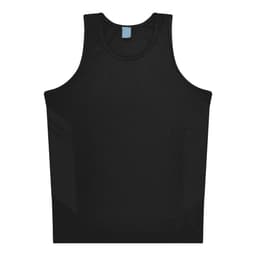 A black singlet featuring a simple design with mesh panels and a logo.