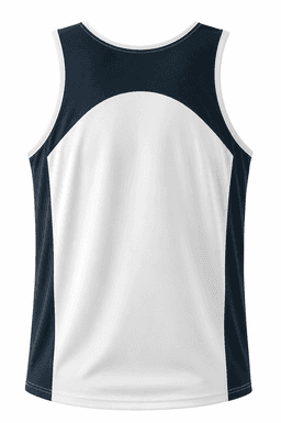 A sleeveless sports singlet in white and navy blue, featuring a brand logo.