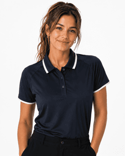 A navy polo shirt with a white collar and sleeve details, featuring a logo on the left side.