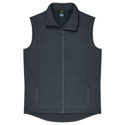 A dark grey men's vest featuring a high collar, zip front, and two side pockets. It has a logo on the chest.