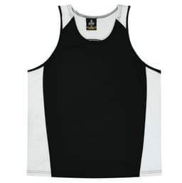 A black and white singlet featuring a logo, designed for kids.