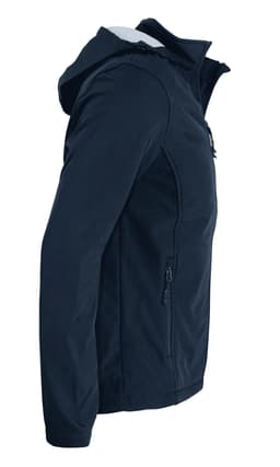 A soft shell jacket in navy blue with a hood and zippered pockets, featuring a logo on the front.