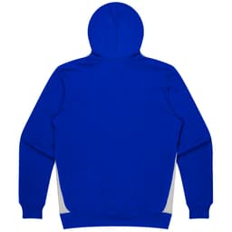 A blue hoodie featuring a hood and contrasting grey side panels, with a logo on one side.
