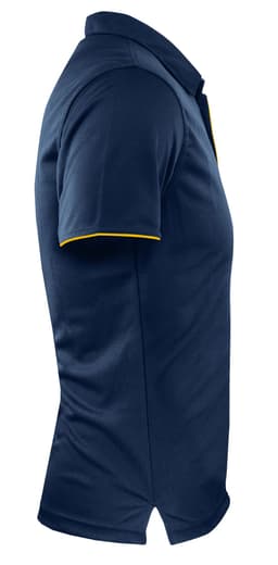 A navy polo shirt featuring a yellow trim and a logo on the chest.