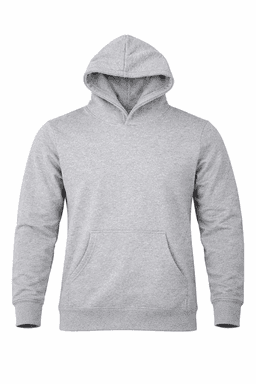 A grey hoodie with a front pocket and drawstring hood. It includes a logo but no text or badges.