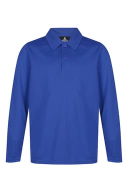 A long-sleeve polo shirt in bright blue with a collar and a button placket. It features a logo at the neck.