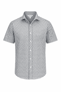 A short sleeve button-up shirt in a black and white gingham pattern with a logo on the collar.
