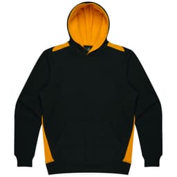 A green hoodie with yellow accents and a front pocket, featuring a hood and a logo.