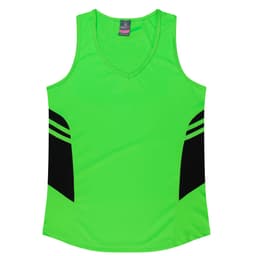A bright green singlet with black side panels and a V-neck design, featuring a logo on the label.