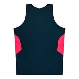 A black singlet with pink side panels, featuring a logo on the back. Suitable for kids.
