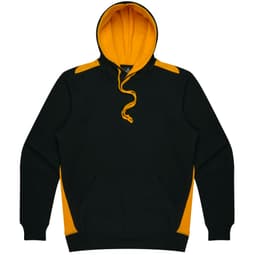 A men's hoodie featuring a dark green body with yellow accents and a front pocket. It has a drawstring hood.