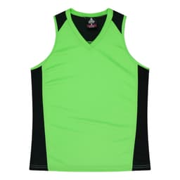 A green and black sleeveless singlet with a v-neck design. It features a logo on the upper back.