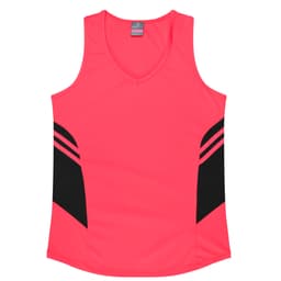 A pink singlet featuring black accents and side stripes, designed for women's wear, with a logo present.