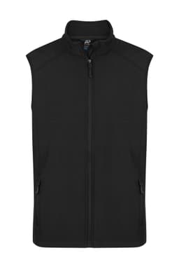 A black sleeveless vest with a high collar and zippered pockets, featuring a branding logo.