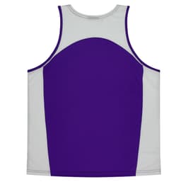A sleeveless singlet featuring a purple front and grey back, designed for kids. Includes a logo.