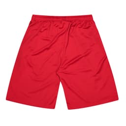 Red men's sports shorts made from lightweight fabric, featuring an elastic waistband and a logo.