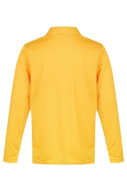 A bright yellow long-sleeved polo shirt with a collar, featuring a brand logo.