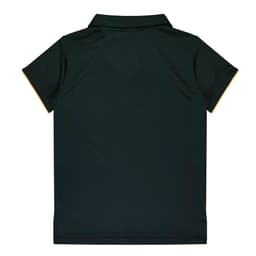 A dark green polo shirt featuring short sleeves and a contrasting trim. Includes a logo on the front.