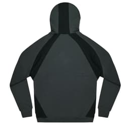 A grey and black hooded jumper featuring a sleek design and a logo on the front.
