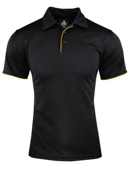 A black polo shirt featuring a yellow trim and a collar, with a logo on the label.