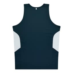 A dark green singlet with white side panels, featuring a simple design and a small logo on the back.