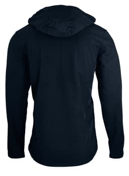 A navy blue soft shell jacket with a hood, featuring a simple design and no visible branding.