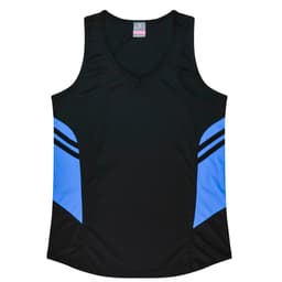 A black singlet with blue accents, featuring a v-neck design and a logo on the label.