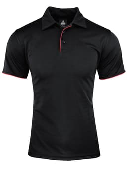 A black polo shirt featuring a red collar and sleeve trim, with a three-button placket and a logo.