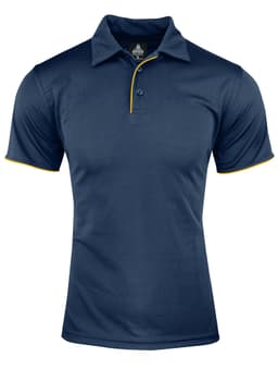 A navy polo shirt with yellow piping, featuring a collar and a logo on the neck.