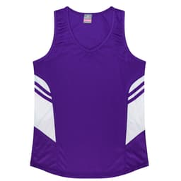 A purple singlet with white accents and a logo, designed for women's wear.