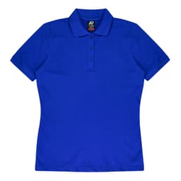 A blue polo shirt with a collar and three buttons, featuring a logo on the label.