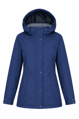A navy blue jacket featuring a hood, front buttons, and side pockets, with a branded logo.