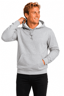 A grey men's hoodie featuring a front pocket and a drawstring hood, worn by a smiling man.