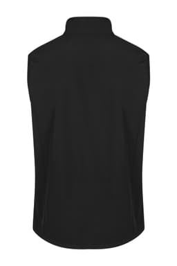 A black sleeveless vest featuring a collar and a smooth texture. The vest has a logo on the back.