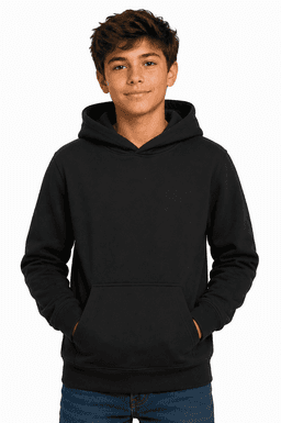 A black hoodie with a front pocket and a hood, suitable for kids. Features a branding logo.