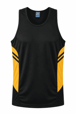 A black singlet featuring yellow side panels, with a logo on the upper left. Designed for men's wear.