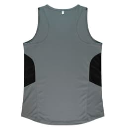 A grey singlet with black side panels and a logo on the back, featuring a comfortable sleeveless design.