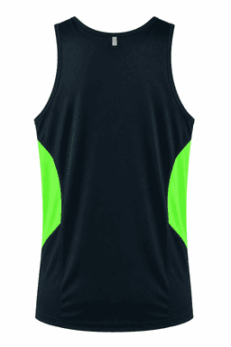 A navy singlet with vibrant green panels on the sides and a logo on the back.