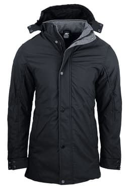 A black men's jacket with a hood and grey lining, featuring a button and zip closure. It has a logo on the fabric.