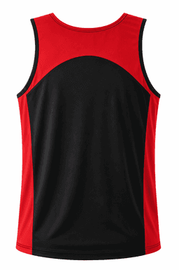 A red and black men's singlet featuring a curved design and a logo on the chest area.