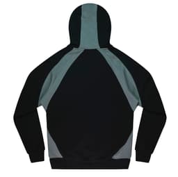A hoodie in black and grey with a colour-block design and a hood. It features a logo on the front.