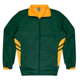 A green and yellow track jacket with a zip front and side stripes, featuring a collar and elastic cuffs.