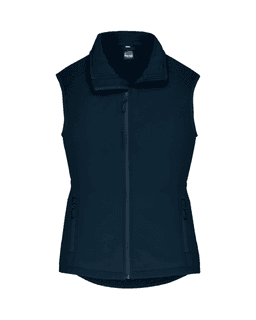 A sleeveless navy work vest with a high collar and zippered pockets, featuring a logo.